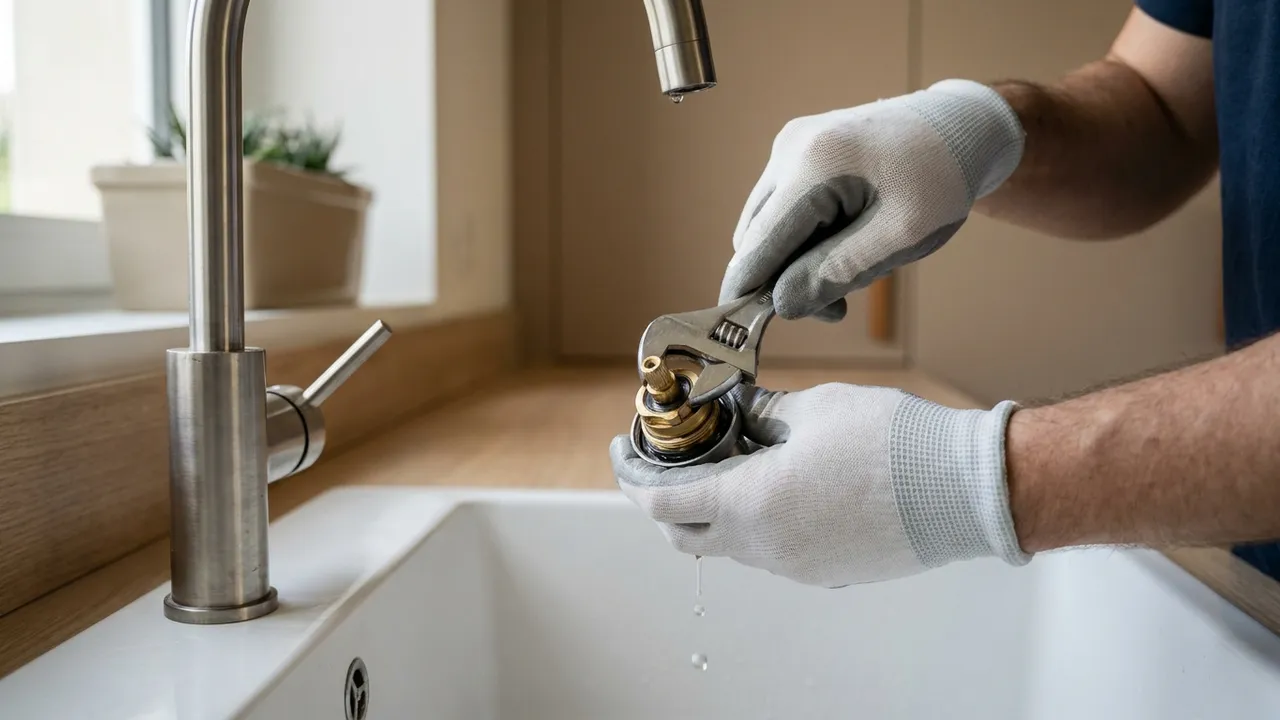 Mains d'un plombier démontant un mitigeur d'évier pour remplacer sa cartouche dans une cuisine à Pantin